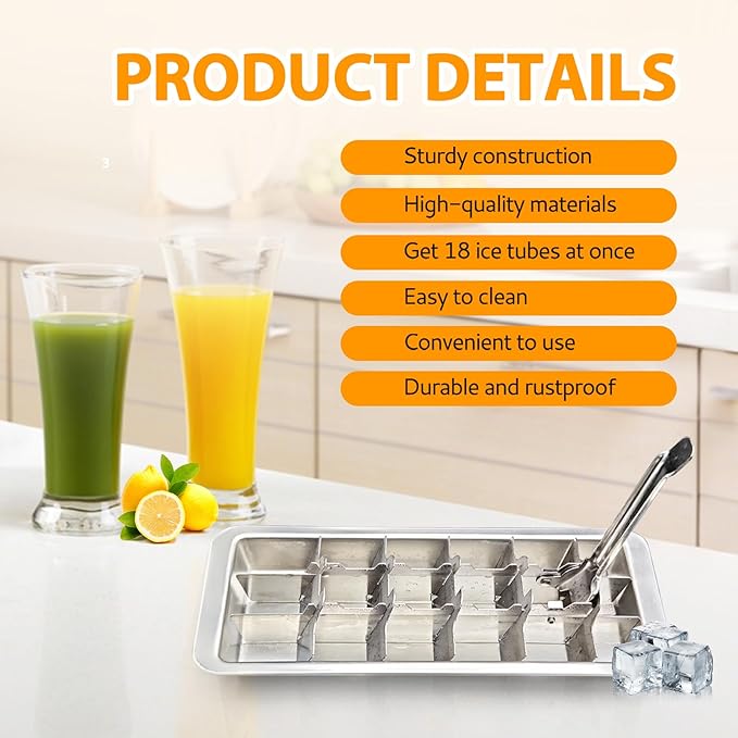 Stainless Steel Ice Cube Tray with 18 Slots, Metal Ice Cube Maker with Removable Trays, Easy Release Handle & Level, Dishwasher Safe for Bars, Kitchens & Frozen Foods