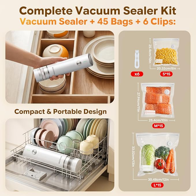 Compact Vacuum Sealer for Food (Vacuum Sealer Machine + 45 Reusable Vacuum Bags) Powerful Portable Vacuum Sealer with Detachable Visible Reservoir, Handheld Food Vacuum Sealer for Travel & Kitchen