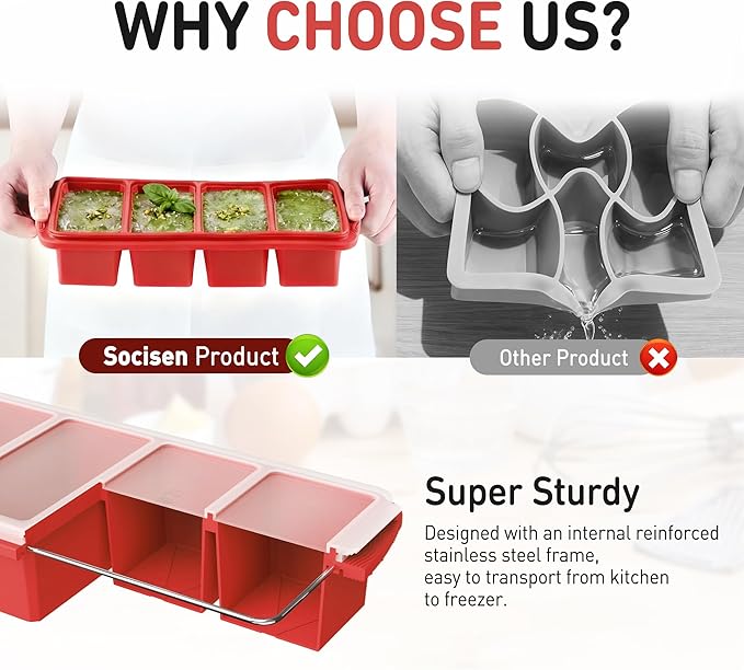 Silicone Freezer Tray with Lid Soup Freezer Container Molds with Steel Reinforced Rim Soup Cubes with Steel Reinforced Rim Perfect for for Soup, Sauce, Leftovers, Homemade Meal Prep and More