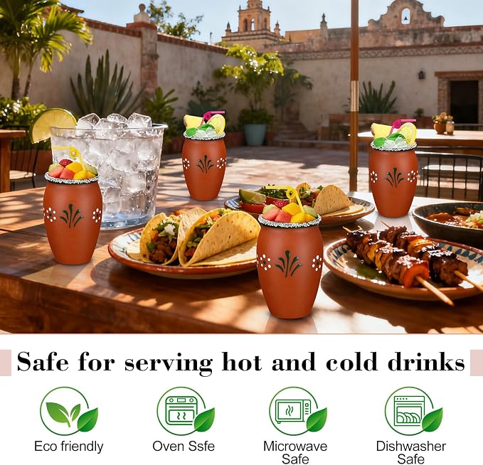 Gejoy 6 Pack 12oz Cantaritos de Barro Mexicanos Mexican Clay Cup Pottery Fiesta De Barro Mexicanos Cocktail Coffee Mugs Cocktail Tea Glasses for Margaritas Mojitos (Cute,Red)