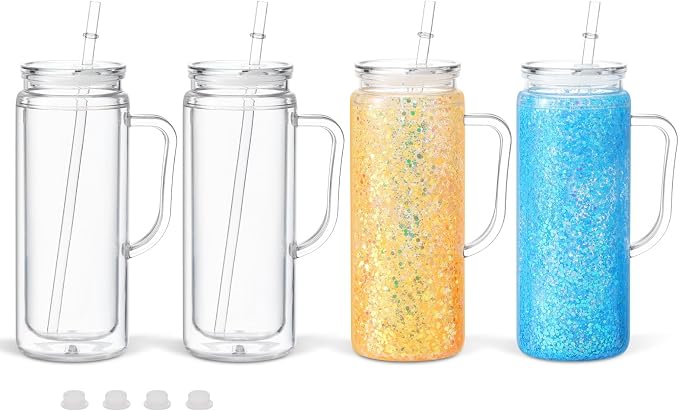 20 Oz Acrylic Snow Globe Tumbler Cup with Handle, Double Wall Plastic Snowglobe Tumbler with Pre-Drilled Hole and Plug for Glitter DIY, 4 Pack