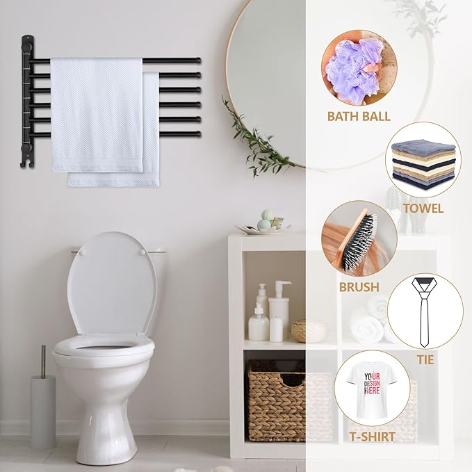 Teenyyou Swivel Towel Rack 16.5 Inches 304 Stainless Steel 6 Arms Bathroom Towel Rack Hanger Space Saving Pool Holder Wall Mounted Swivel Bar with Hook, Matte Black