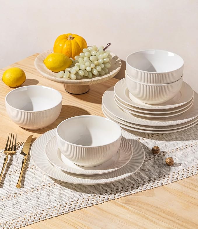 TheTerra Stoneware Dinnerware Sets for 6, 18 Pieces Ceramic Plates and Bowls Sets, Scratch Resistant Embossed Dish Set, Oven, Microwave & Dishwasher Safe, Cream White
