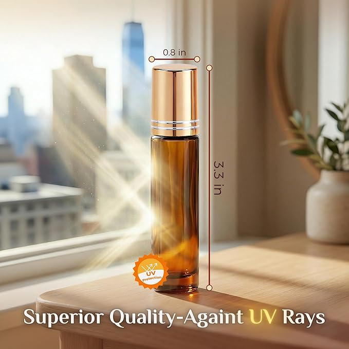 PrettyCare 12 Pack, 10 ml Essential Oil Roller Bottles with Stainless Steel Roller Ball - Refillable Leak-proof Empty Thick Amber Glass Roll on Bottles with Metal Caps for Travel, Perfume
