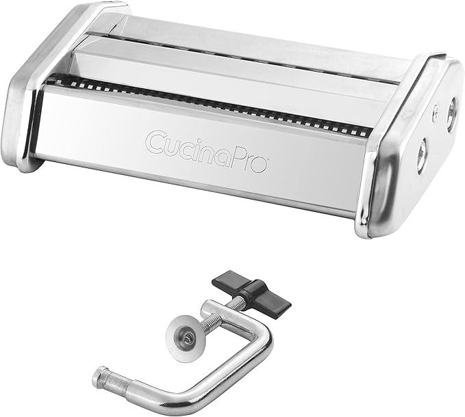 Pasta Maker Machine- Heavy Duty Chrome Coated Steel Construction with Fettucine & Spaghetti Attachments, Rollers w Adjustable Thickness Settings, Manual Hand Crank for Precise Noodles w Recipe Guide