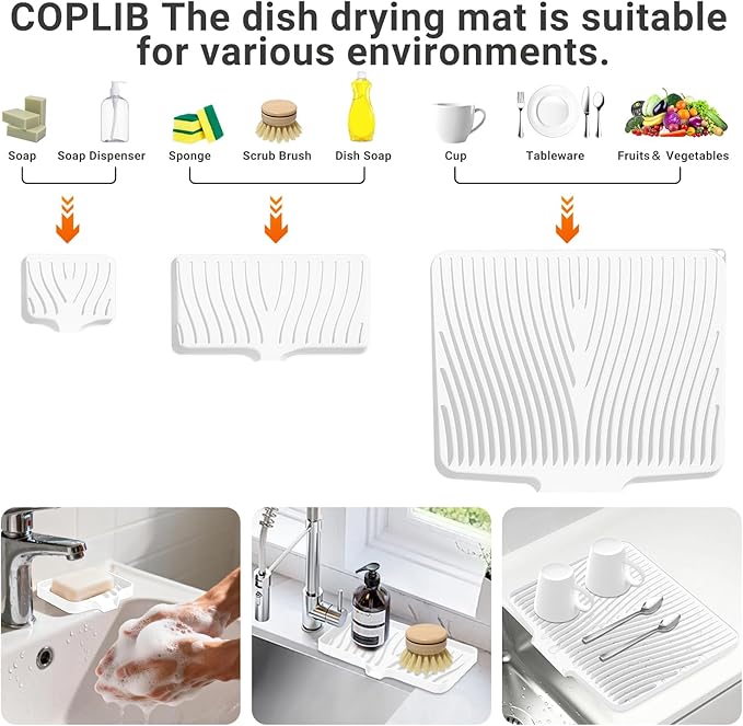 Silicone Dish Drying Mat for Kitchen Counter, Dish Drying Pad, Non-Slip Drain Pad with Built-in Drain, Heat Resistant Stone Drying Mat
