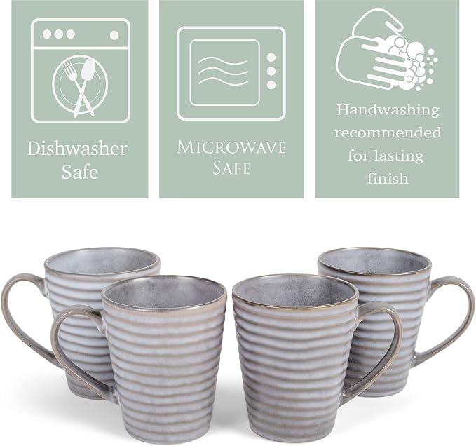 Elanze Designs Sophisticated Modern Chic Ribbed Ceramic Stoneware Dinnerware Mugs Cups Set of 4 - Slate Grey
