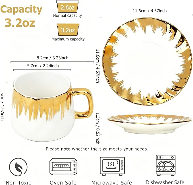 Coffee Cup Set of 6 with Saucers, 3.5 OZ Ceramic Espresso Cups Set, Gold Trim Turkish Coffee Cup Gift for Double Shot, Latte, Cafe Mocha and Tea, Dishwasher & Microwave Safe