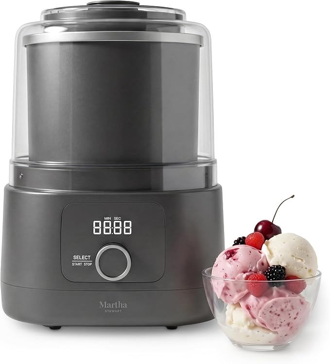 Martha Stewart Ice Cream Maker, 2 Quart Double-Insulated Freezer Bowl, Sorbet & Frozen Yogurt, Ready in 20 Minutes, Mix-Ins Chute, Easy to Clean, Caviar Gray