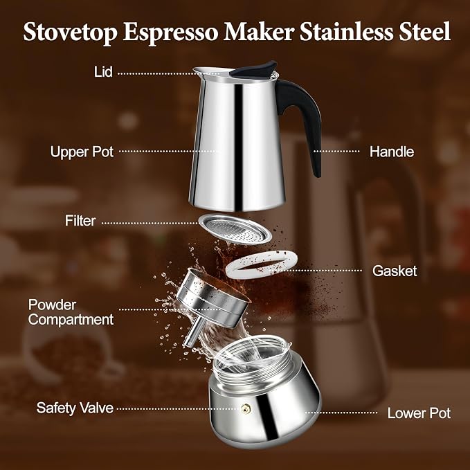 6 Cup Stainless Steel Moka Pot Stovetop Espresso Maker | Italian Coffee Machine 300ml 10oz Suitable for Gas Induction Stovetop Mocha Greca Coffee Maker Percolator Tummy