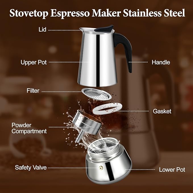 2 Cup Stainless Steel Moka Pot Stovetop Espresso Maker | Italian Coffee Machine 100ml 3.3oz Suitable for Gas Induction Stovetop Mocha Greca Coffee Maker Percolator Tummy