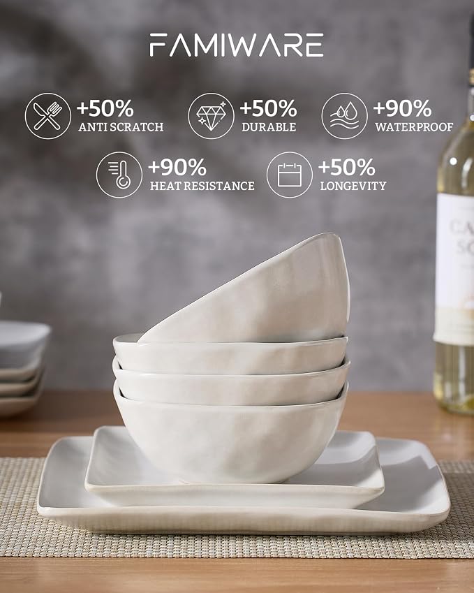 Famiware Stoneware Dinnerware Sets for 6, Ocean Square 18-Piece Kitchen Plates and Bowls Sets, Microwave and Dishwasher Safe, Scratch Resistant, Matte White