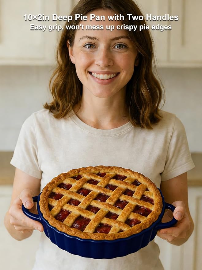 10×2in Deep Ceramic Pie Pan with Handles for Pie Quiche Tart Baking. Easy to grip, Lead-Free. Casserole Lasagna Dish for Thanksgiving Christmas Gift. Oven Microwave Dishwasher Safe. Blue