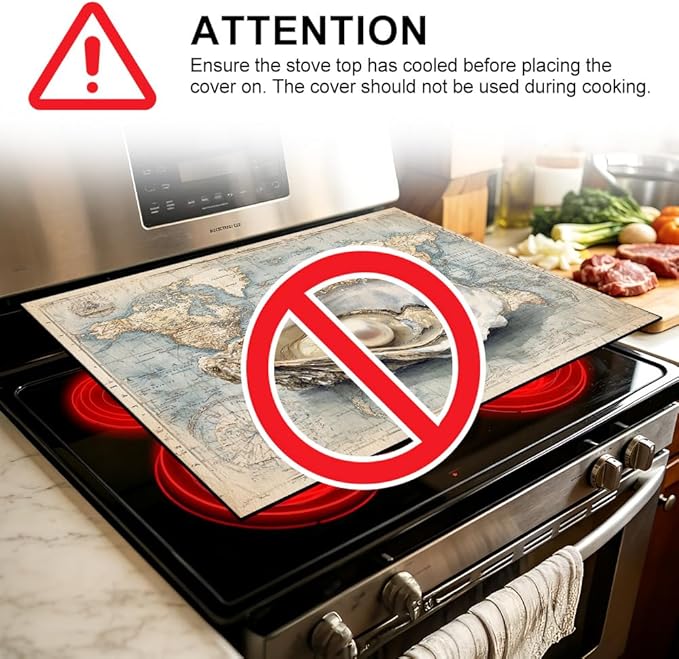 Stove Top Cover for Electric Stove 28.4 x 20.5 Inch Non Slip Stove Mat Oil Proof World Map Oyster Glass Cooktop Protector Kitchen Mat