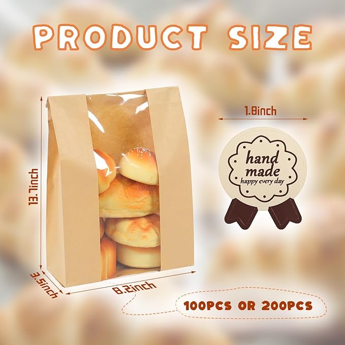 200 Packs Paper Bread Bags for Homemade, Sourdough Bread Bags with Clear Window Includes Label Seal 200 Pcs Stickers, Bakery Packaging Storage for Cookies Snack (13.7x8.2x3.5 inch)