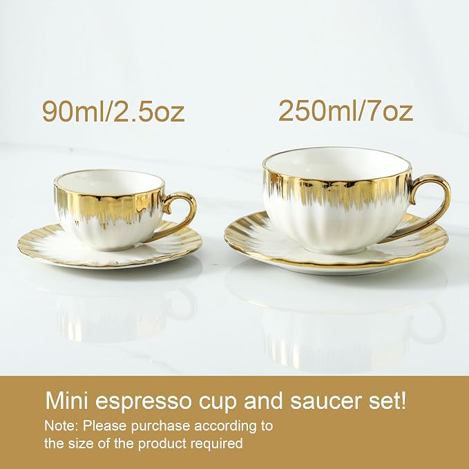 LETAOTAO Espresso Cups and Saucers, 2.5 oz Porcelain Espresso Cups Set of 6, Ceramic Coffee Cups with Gold Trim, Espresso Mugs, Mini Demitasse Cups with Handle for Single Espresso, White