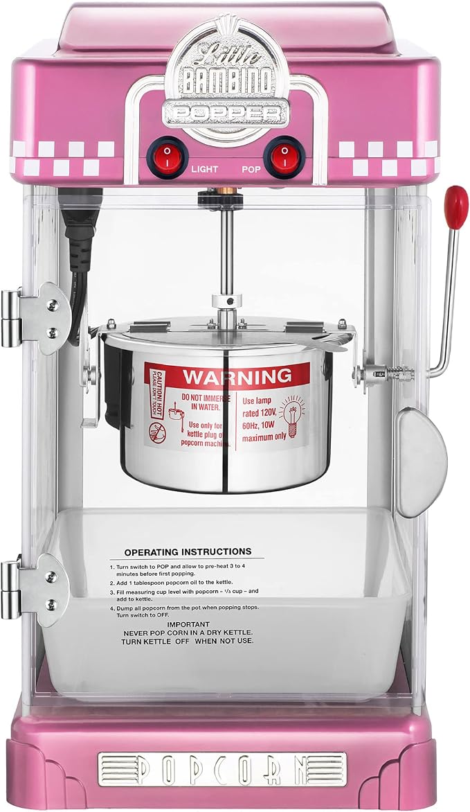 Little Bambino Popcorn Machine - 2.5oz Tabletop Movie Theater Popcorn Popper with Stainless-Steel Kettle by Great Northern Popcorn (Pink)