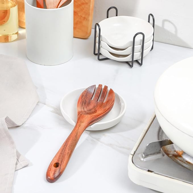 Selamica Ceramic Spoon Rest with Holder, 4.8 Inch Spoon Rest for Stove Top, Spoon Holder for Kitchen Counter, Coffee Spoon Holder, Utensil Rest for Cooking, Ladles, Tong, Set of 4, White