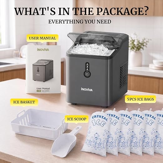 INOVIVA Ice Makers Countertop, Nugget Ice Ready in 6 Mins,26.5LBS/Day, FLASHCHILL™, Self-Cleaning Ice Machine, Compact Portable Design for Home, Kitchen, Office & Party
