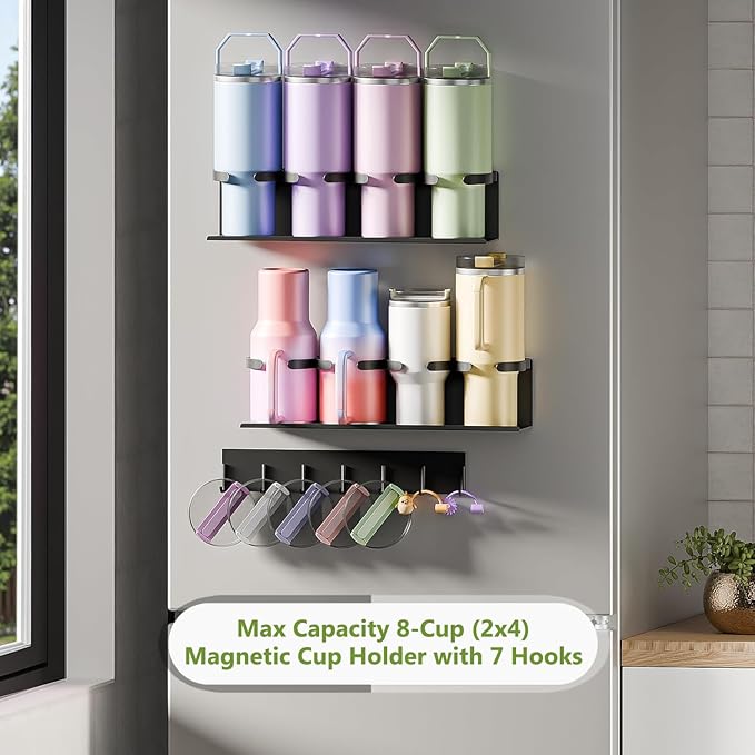 Max Capacity 8-Cup (2x4) Magnetic Stanley Cup Holder for Stanley & Yeti Tumblers (20/30/40oz) – Holds 4 Water Bottle Each, Tumbler Organizer with 7 Hooks for Kitchen Fridge & Metal Surfaces
