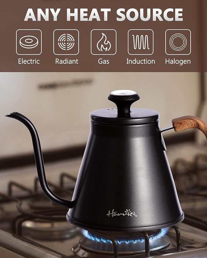 Harriet Gooseneck Kettle with Thermometer for Pour Over Coffee and Tea, 37 fl oz, Stainless Steel, Durable 3-Layer Base, Ideal Spout for Precision Pouring, Compatible with all Stove Tops, Black