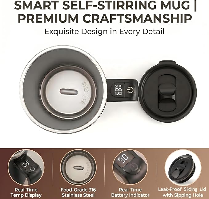 Self Stirring Coffee Mug 13.5 Oz with Lid, 316 Stainless Steel Automatic Magnetic Mixing Cup with a Built-in LCD Thermometer & Handle, Electric Coffee Stirrer, Gift for Men and Women (Matte Black)