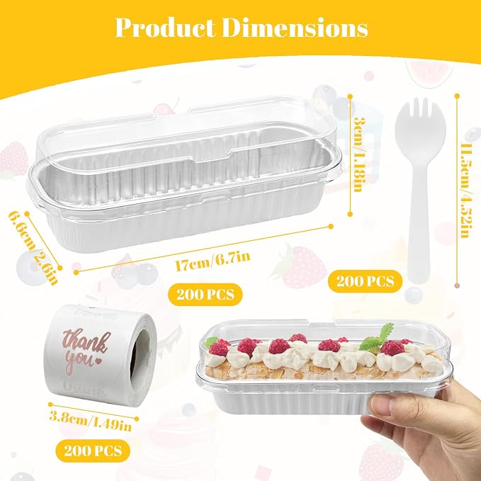200Pack White Mini Cake Pans Disposable Mini Loaf Pans with Lids and Spoons and Stickers, 6.8Oz Aluminum Foil Pans Tins, Individual Dessert Cups Containers for Sales,Party,Picnics