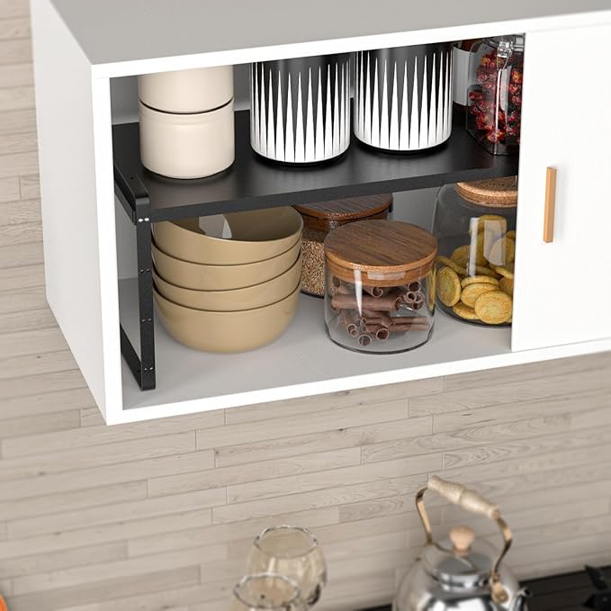 SANNO Expandable Kitchen Shelf Organizers, Large Counter Shelf Organizer with Expandable Shelves, Black, 3 Pack