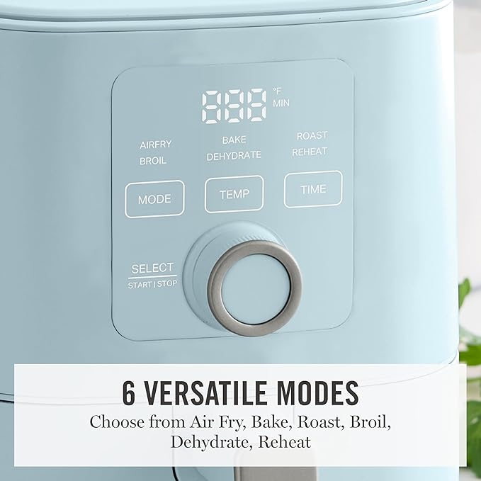 Martha Stewart 6QT Air Fryer, 6-in-1, Bake, Broil, Roast, Air Fry, Dehydrate, Reheat, Ceramic Non-Stick Basket, Crispy Results Fast, 400°F Max Temp, Shake Reminder, Auto Shut-Off, Sky Blue
