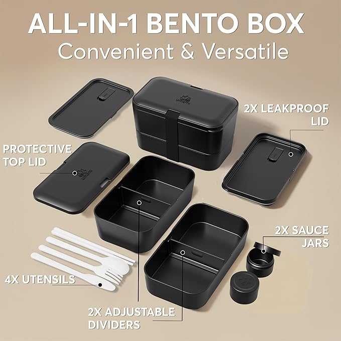 Umami Adult Bento Box Lunch Set Bundle – 50 oz Leakproof Stackable Bento Box with Utensils, Dividers & Sauce Jar + Insulated Lunch Bag, Microwave & Dishwasher Safe