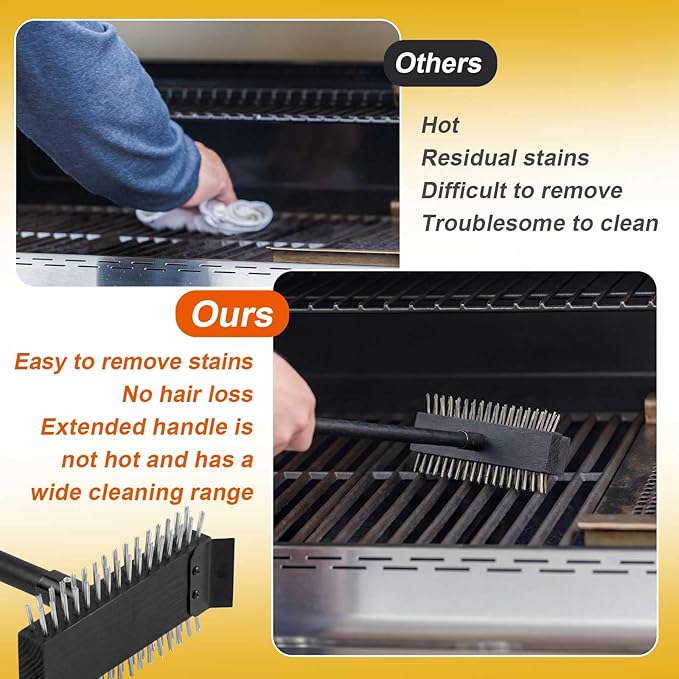 2 Pcs Black Stainless Steel Grill Brush Grill Scraper with 30'' Long Wooden Handle for Commercial Cleaning Kitchens Restaurants Bathrooms
