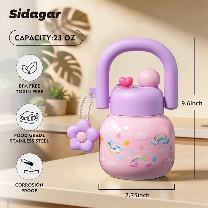 22 oz Tumbler with Straw and Carry Handle, Wide Mouth Insulated Stainless Steel Travel Water Bottle, Leakproof Flask for Nursery, Kawaii Aesthetic Purple Water Jug with 3D Charm