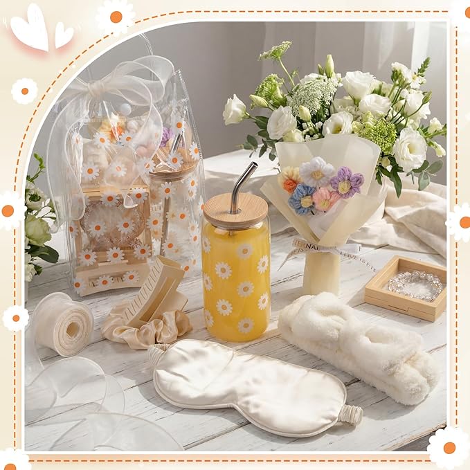 Vesici 73 Pcs Spa Sleepover Party Supplies Bulk Women 8 Sets Slumber Birthday Bridesmaid Gift Crochet Flower Glass Cup Eye Mask Hair Ties Gift Bag Bracelets Scrunchies Headband(Daisies,Beige)