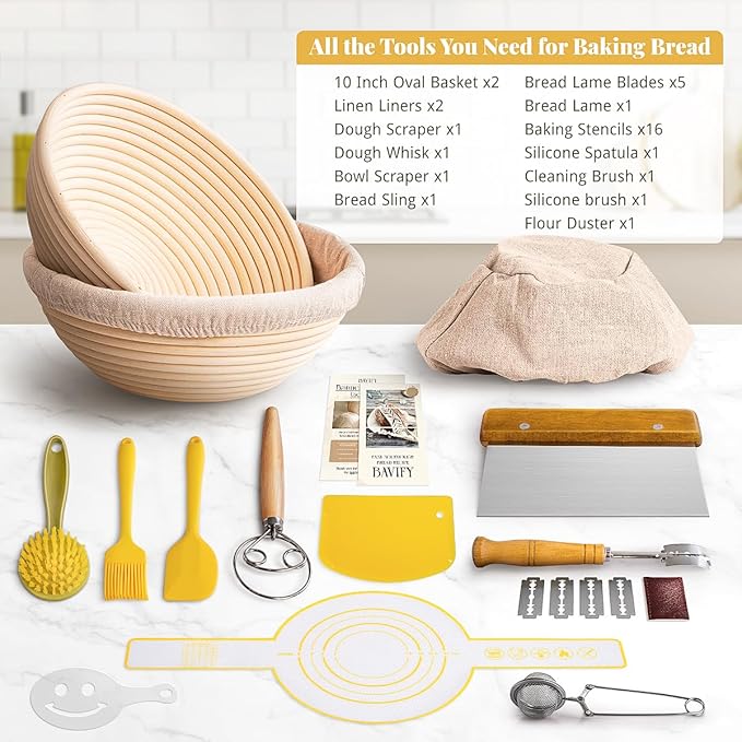 BAVIFY Sourdough Starter Kit, Banneton Bread Proofing Baskets Set | Complete Sourdough Bread Baking Supplies, Beginner Friendly Bread Making Kit, 2-Pack 9 in Round Rattan Banneton Basket
