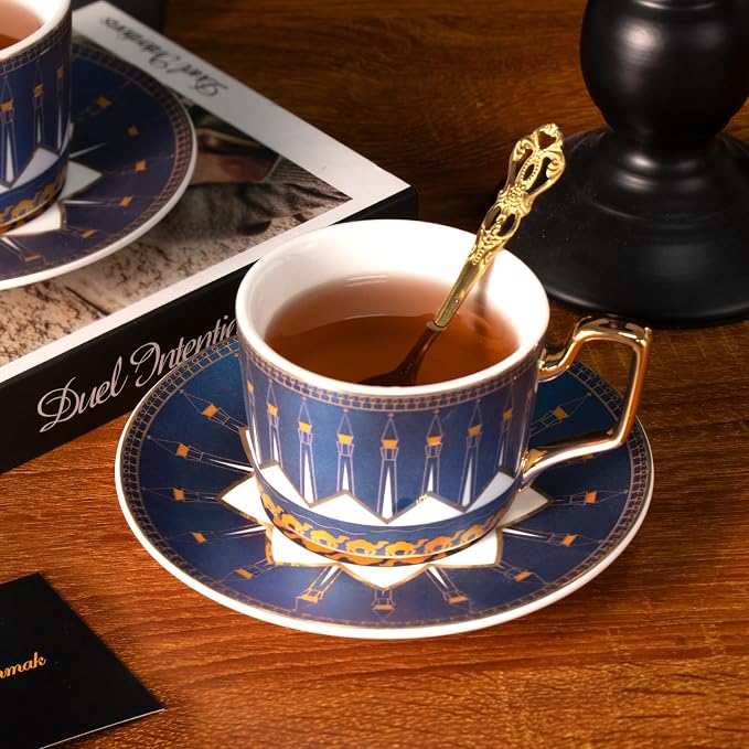 KAMMAK Tea Cups and Saucers Set of 2, Porcelain Coffee Cups, Stackable Espresso Mugs, Ceramic Demitasse for Coffee, Latte, Americano, Tea, Lighthouse of Alexandria