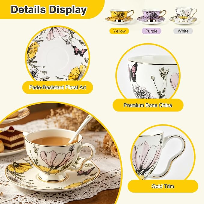 Tea Cup and Saucer Set, Floral with Gold Trim, 6.76 oz | Includes Spoon, British Style, Coffee & Latte Use, Party & Wedding Gifts, Christmas & Birthday Gifts