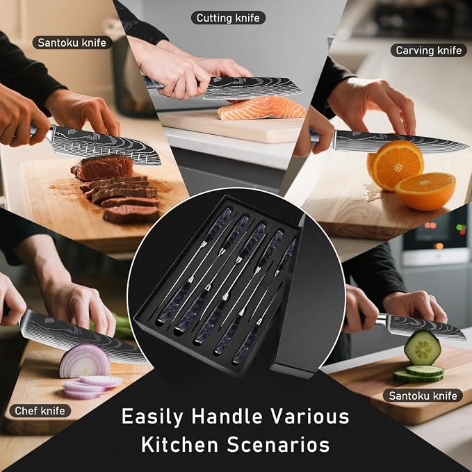 10-Piece Premium Japanese Kitchen Knife Set - Star Collection, Laser Damascus Pattern, 440A Stainless Steel Ultra Sharp for Fast Cutting (Black)