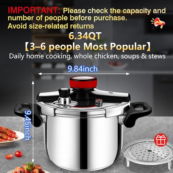 Stainless Steel Pressure Cooker 6 quart Commercial Stove Top Pressure Cooker for canning, pressure cooker 6+ quart, Compatible with Gas & Induction, Fast Cooking for large Meals, Dishwasher Safe,