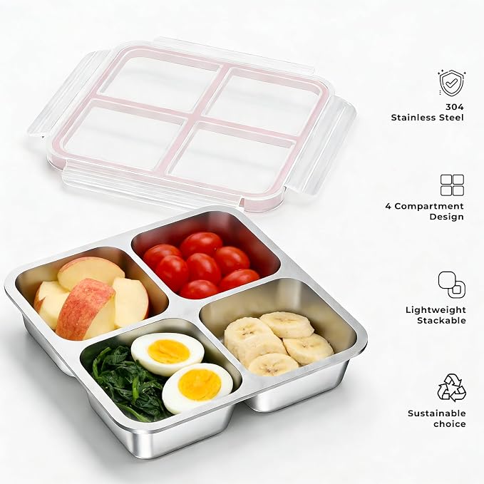 4 Pack Stainless Steel 4 Compartment Snack Containers with Lids, Reusable Divided Lunch & Food Storage Containers for Work, Travel(2 Pink, 2 Blue)