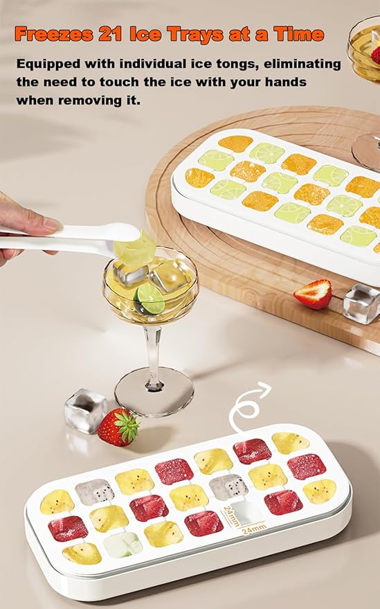 21-Cube Ice Cube Tray with Lid & Bin – Silicone Mold with Easy-Release Bottom for Freezer, Drinks, Coffee, Cocktails