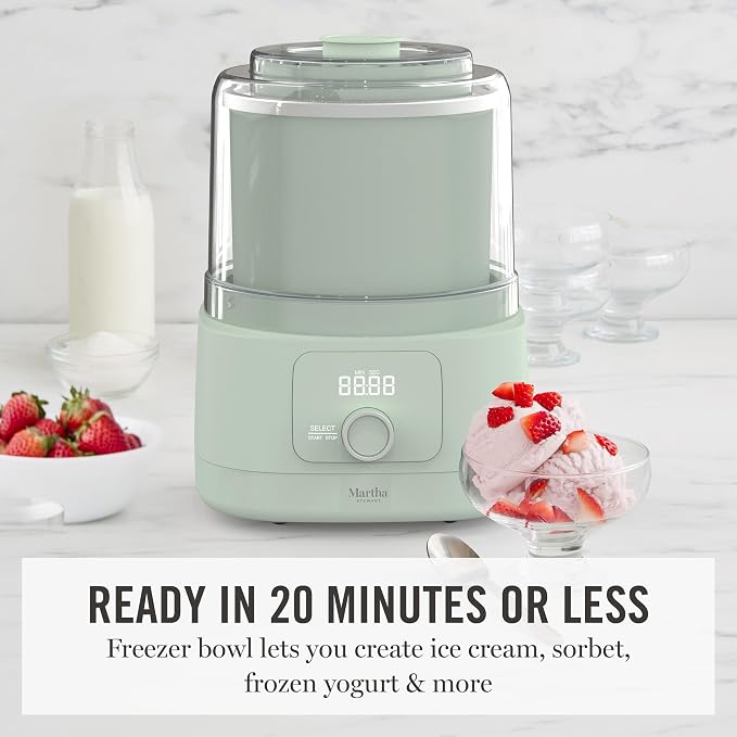Martha Stewart Ice Cream Maker, 2 Quart Double-Insulated Freezer Bowl, Sorbet & Frozen Yogurt, Ready in 20 Minutes, Mix-Ins Chute, Easy to Clean, Honeydew Green