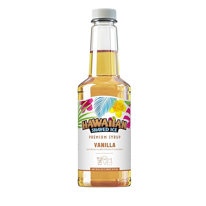 Hawaiian Shaved Ice Vanilla Syrup - Nut Soy Dairy Free - Flavor Fluffy & Crunchy Snow Cones - Shelf Stable - Makes 8 Servings - 16 ounces