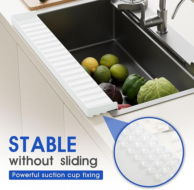 Snuggery 30"x4" Silicone Sink Edge Protector - Splash Guard with Suction Cups & 5° Tilt, Cuttable Edge Guard for Kitchen Sink, Bathroom,Granite & Quartz Countertops(White)