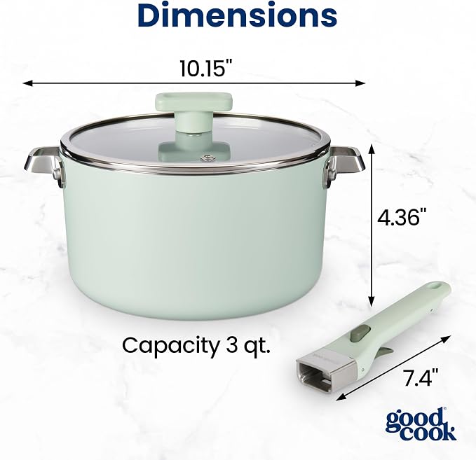 GoodCook Ceramic Sauce Pan with Removable Handle & Lid, Induction Compatible, Nonstick and Oven Safe, 3-Quart, Sage Green