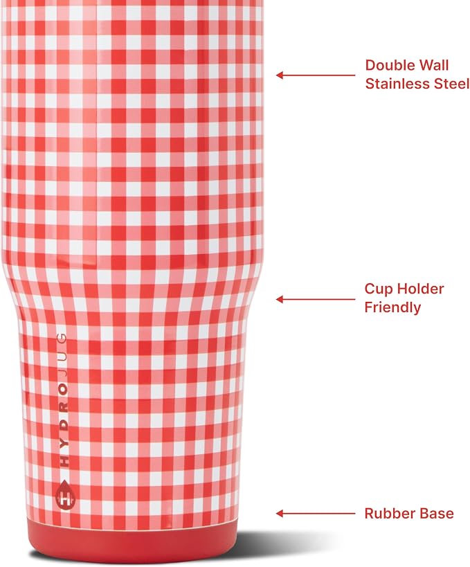 HydroJug Ease2o Water Bottle with Straw & Chug Lid, Stainless Steel, Vented Cap to Help Reduce Pressure, Water-Level Window, Cup Holder Friendly, Non-Slip Base – 32oz, Summer Picnic
