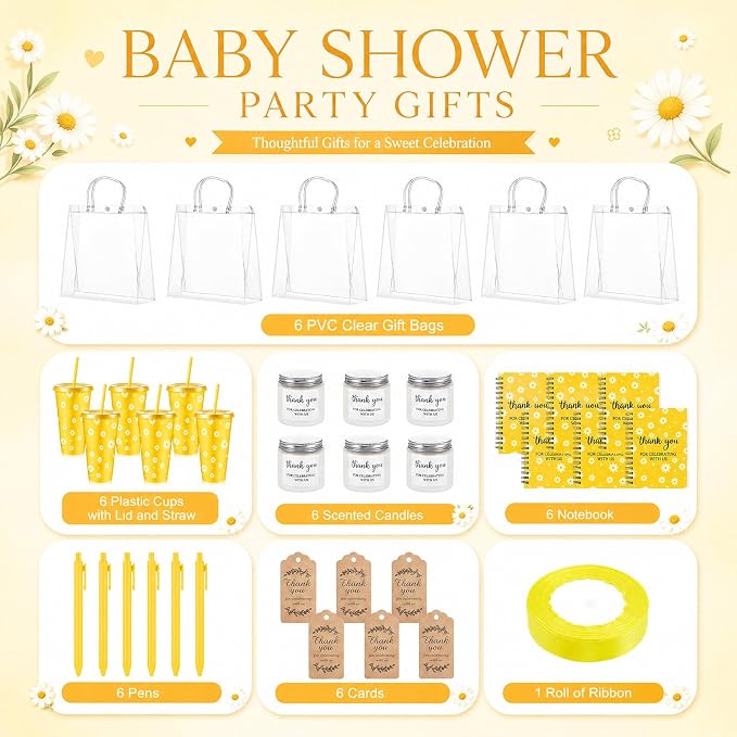 Nuogo 6 Sets New Parent Shower Prizes for Player Winners Adult, Wedding Bridal Shower Gift, Plastic Tumbler Notebook Scented Candle Ballpoint Pen Bag (Yellow Color,Daisy Style)