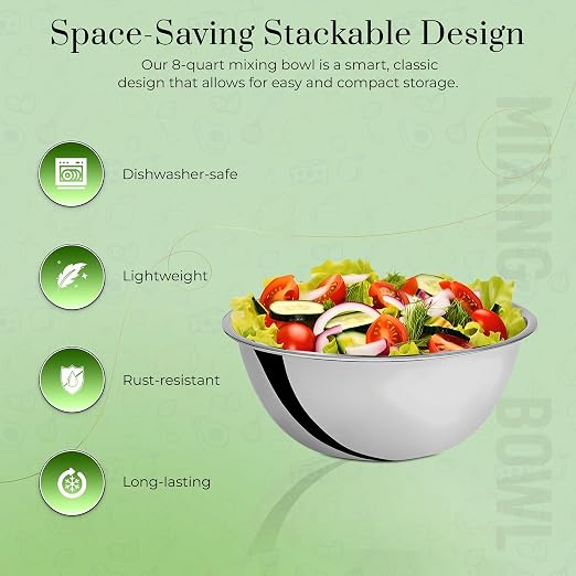 OCS Parts 8 Quart Mixing Bowl | 13.25-Inch Stainless Steel Professional Grade Flat Base Mixing Bowls for Home and Commercial Kitchens