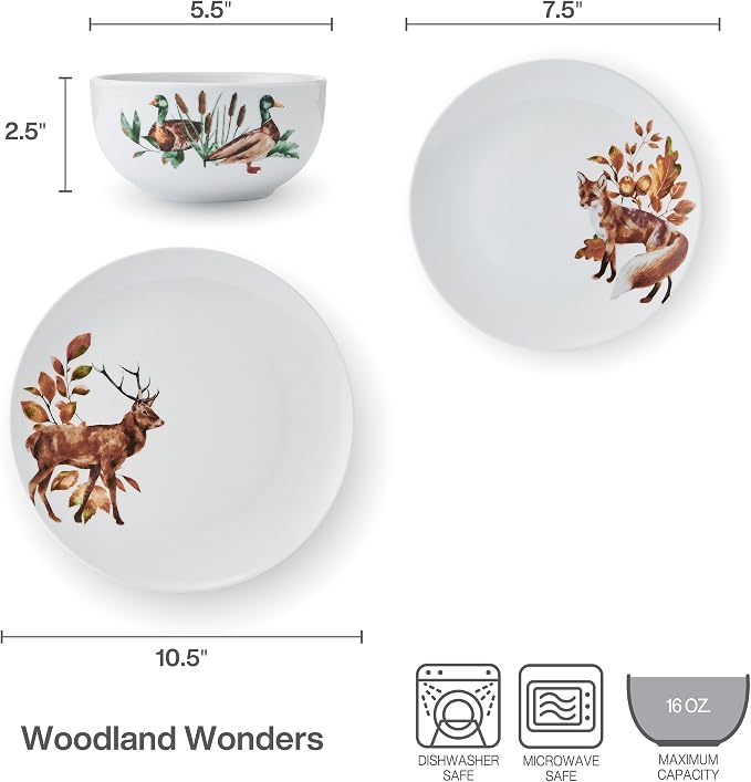 Studio Nova Woodland Wonders Lodge 12 Piece Dinnerware Plate Bowl Set, Service for 4