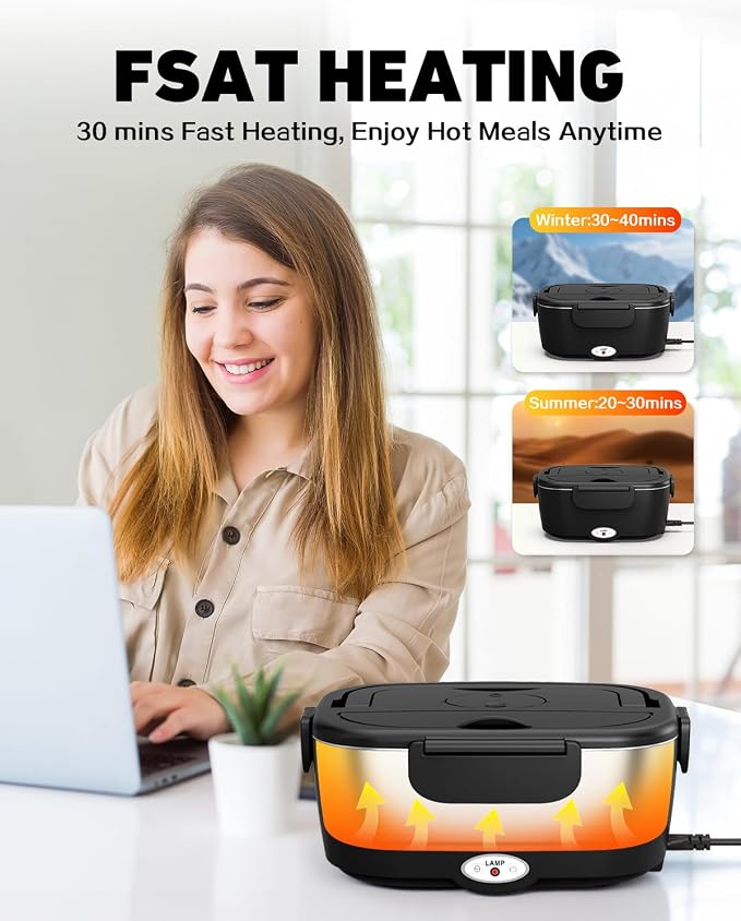 80W Electric Lunch Box Food Warmer for Car/Truck/Office, 110V/24V/12V Portable Heated Lunch Box for Adults, Dual 1.5L Stainless Steel Containers, Leak-Proof & Fast Heating, 3-in-1 Design