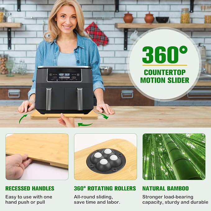 Appliance Slider 360° Rolling Tray for Coffee Maker Bamboo Coffee Pot Slider Tray for Countertop Rotation Sliding Tray with Wheels, Appliances Mat Easily from Under The Cabinet Natural(15.7"×13")